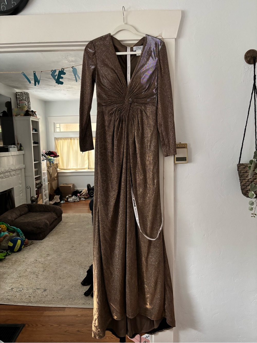 Mac Duggal Metallic Bronze Long Sleeve Knot-Front Gown
